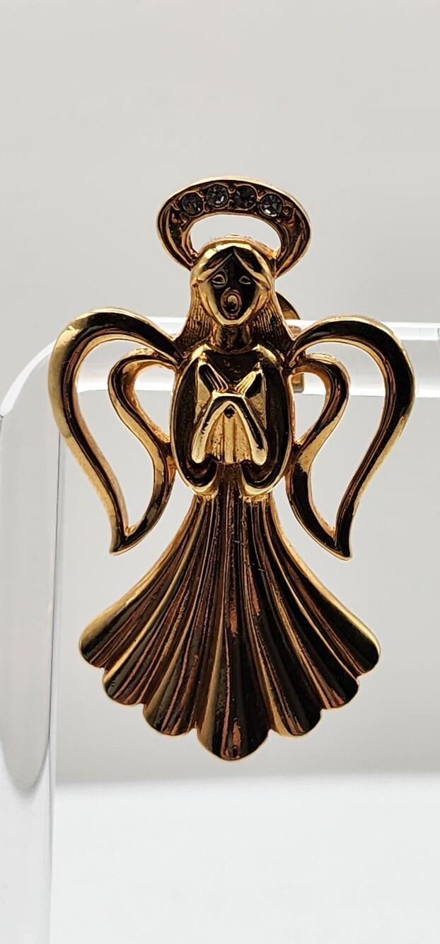 Vintage 1992 Avon Heavenly Angel Pin Brooch Gold Tone Rhinestone Halo